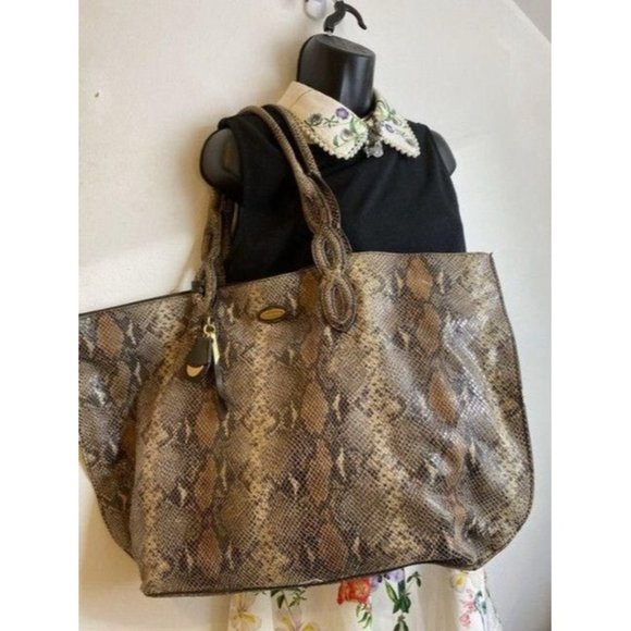 Elie Tahari Snake Print Brown Beige Leather Shoulder Bag - Picture 7 of 12